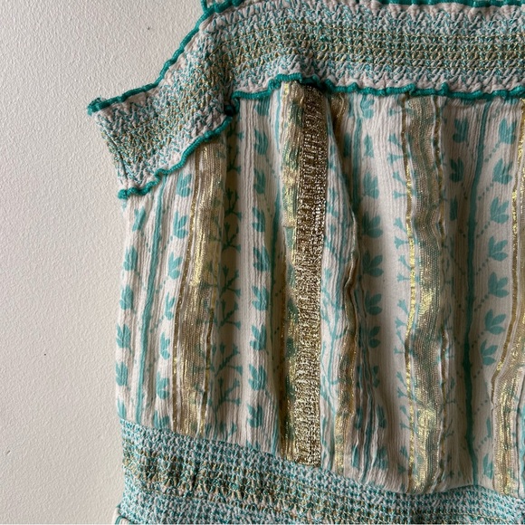 Soft Surroundings Aegean Tiered Boho Maxi Dress Metallic Gold Aqua Blue Cream M - Picture 6 of 11